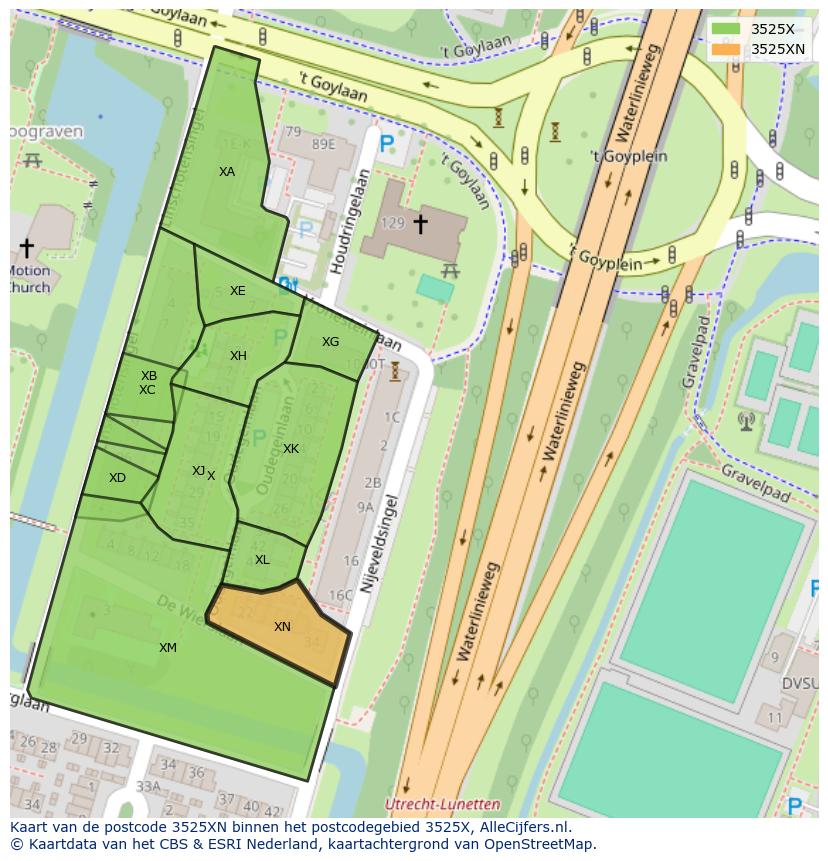 Afbeelding van het postcodegebied 3525 XN op de kaart.