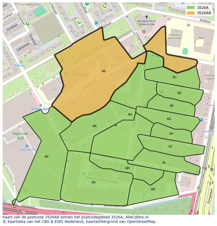 Afbeelding van het postcodegebied 3526 AB op de kaart.