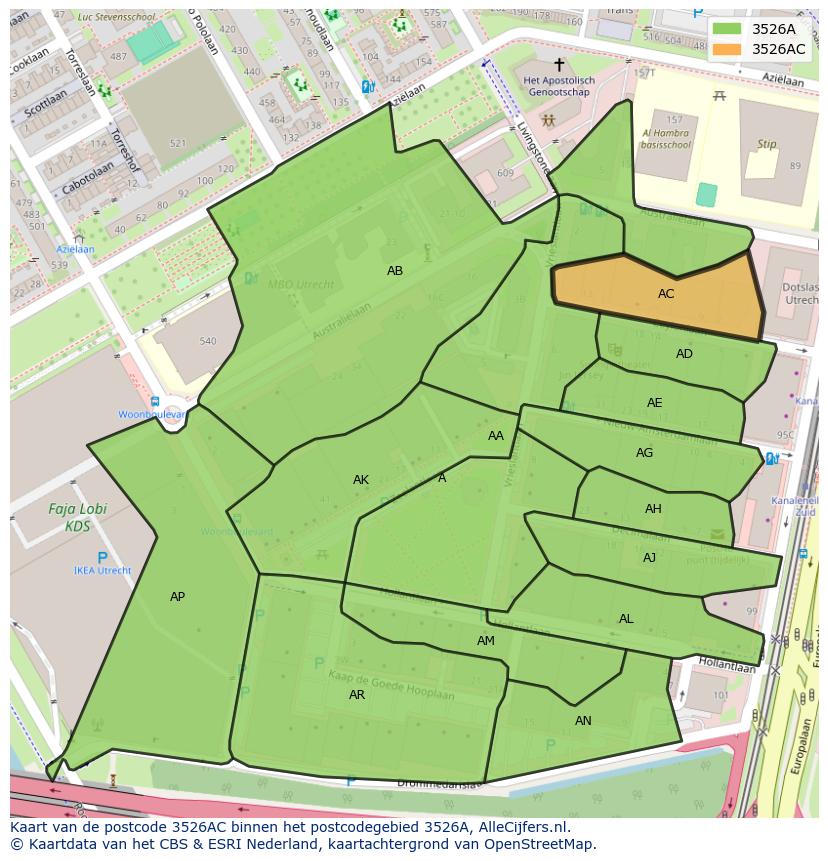 Afbeelding van het postcodegebied 3526 AC op de kaart.