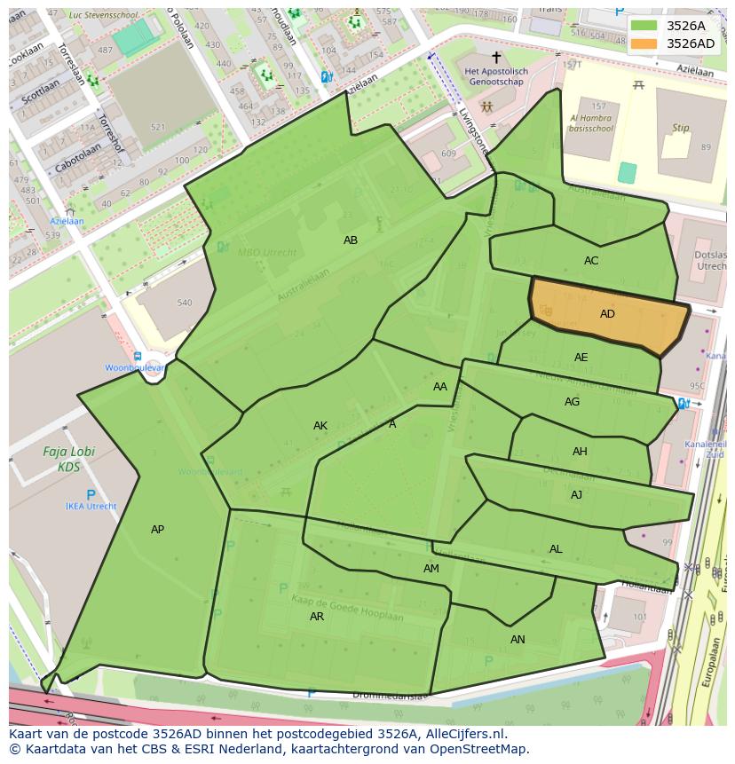 Afbeelding van het postcodegebied 3526 AD op de kaart.