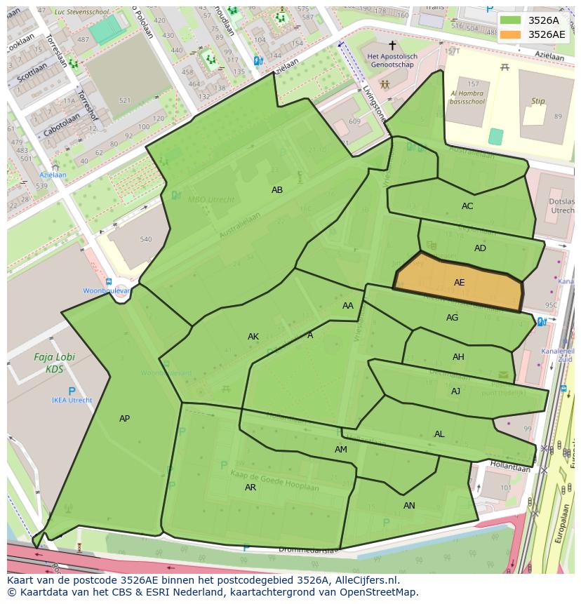 Afbeelding van het postcodegebied 3526 AE op de kaart.