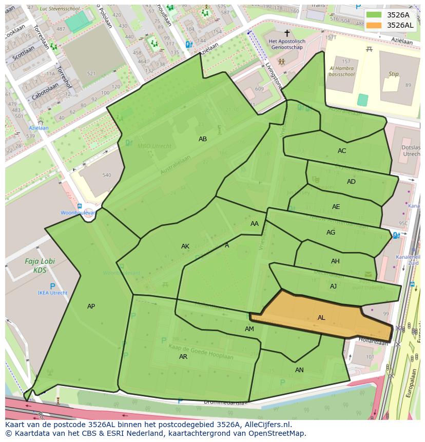 Afbeelding van het postcodegebied 3526 AL op de kaart.