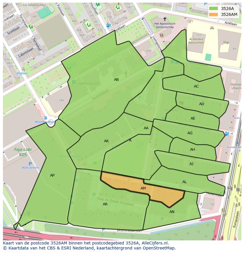 Afbeelding van het postcodegebied 3526 AM op de kaart.