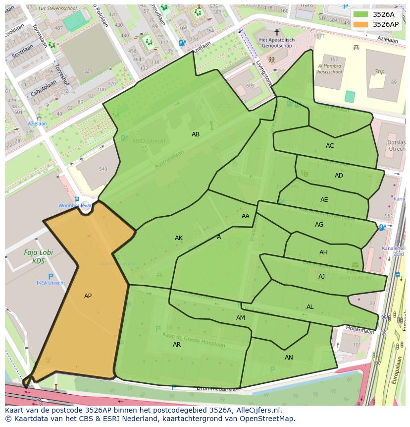 Afbeelding van het postcodegebied 3526 AP op de kaart.