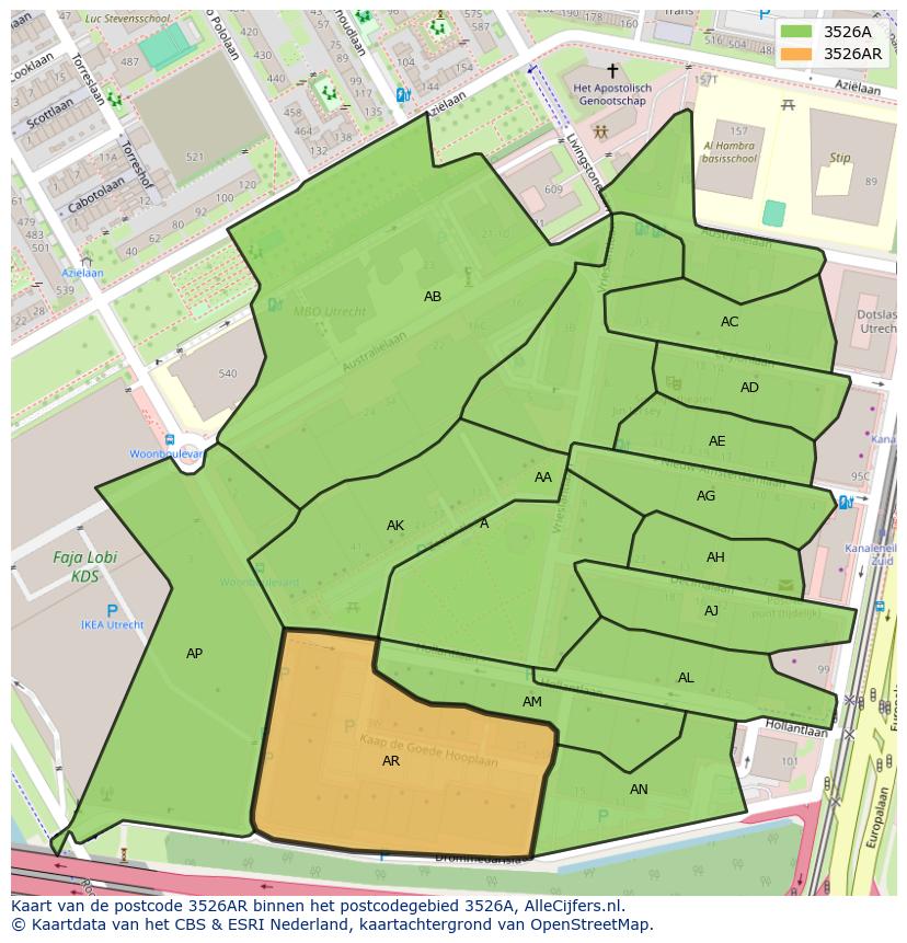 Afbeelding van het postcodegebied 3526 AR op de kaart.