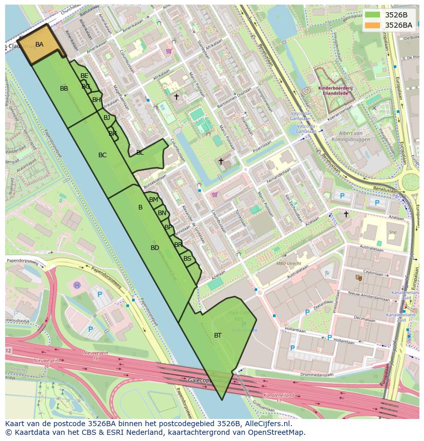 Afbeelding van het postcodegebied 3526 BA op de kaart.
