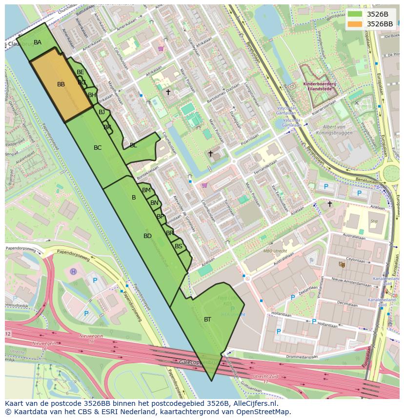Afbeelding van het postcodegebied 3526 BB op de kaart.