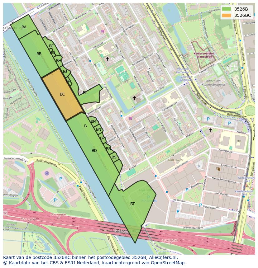 Afbeelding van het postcodegebied 3526 BC op de kaart.
