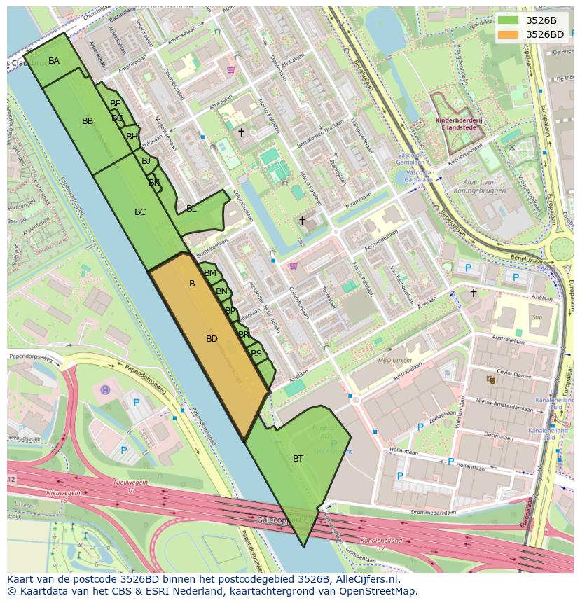 Afbeelding van het postcodegebied 3526 BD op de kaart.