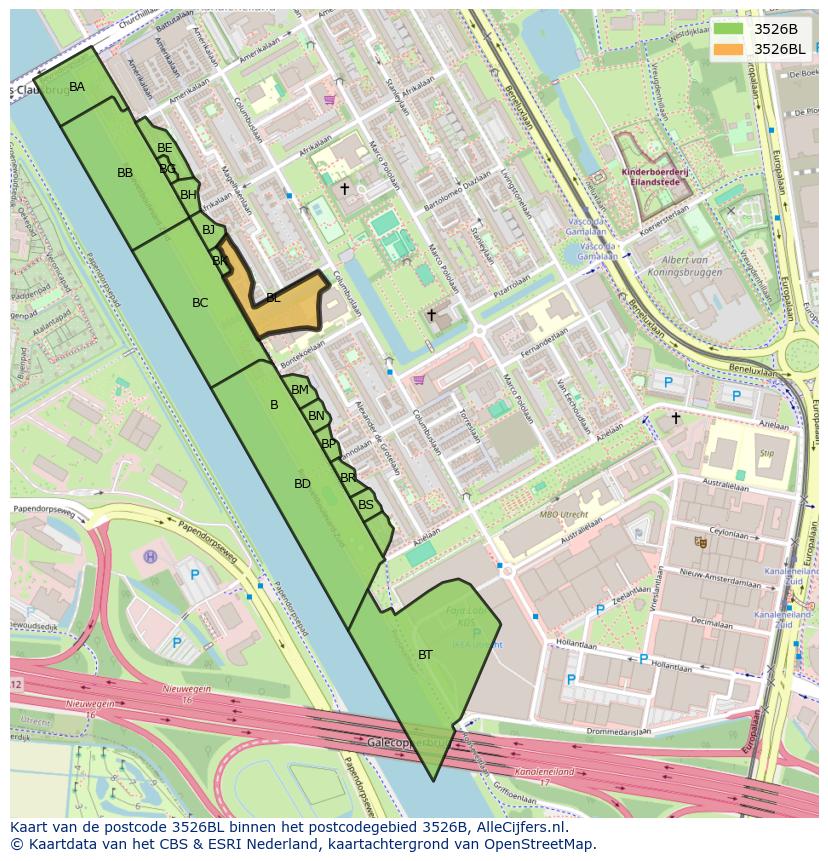 Afbeelding van het postcodegebied 3526 BL op de kaart.