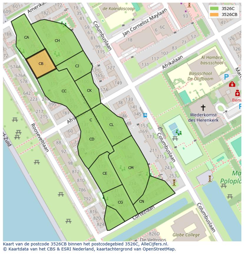 Afbeelding van het postcodegebied 3526 CB op de kaart.