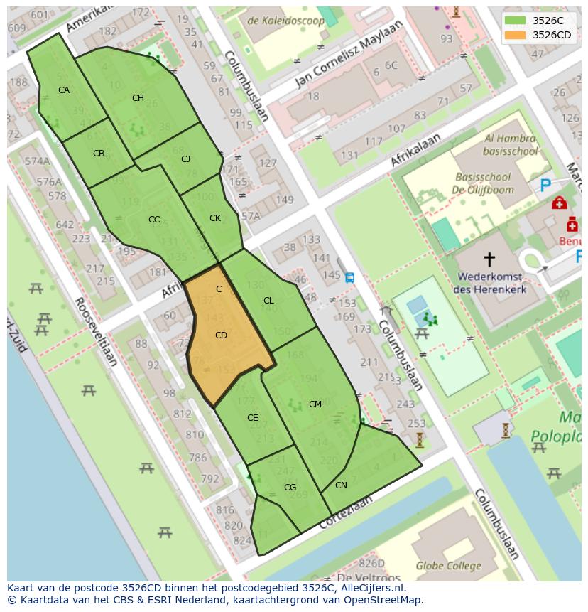 Afbeelding van het postcodegebied 3526 CD op de kaart.