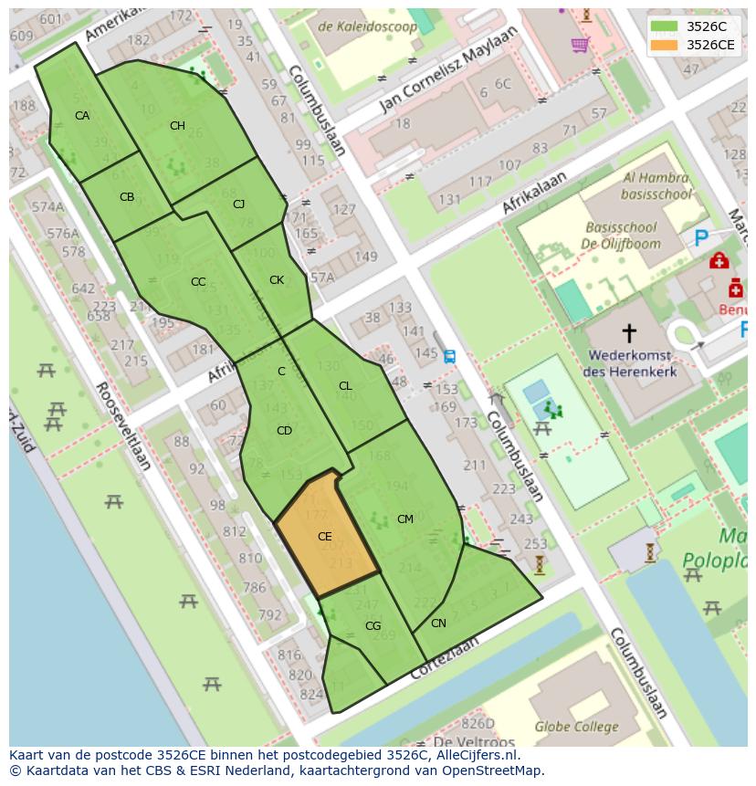 Afbeelding van het postcodegebied 3526 CE op de kaart.