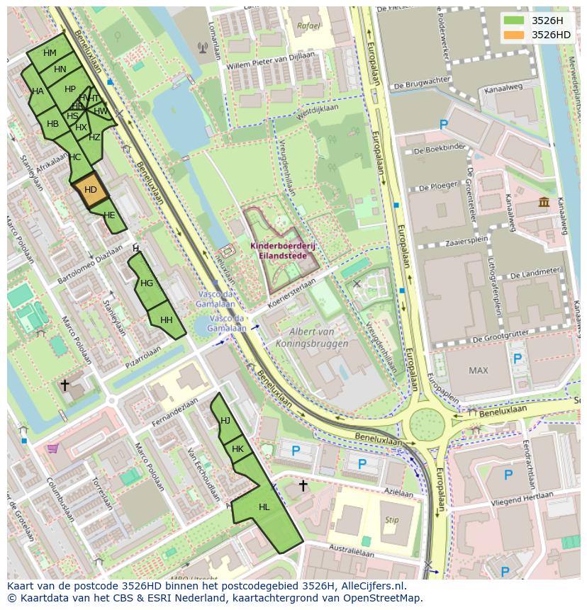 Afbeelding van het postcodegebied 3526 HD op de kaart.