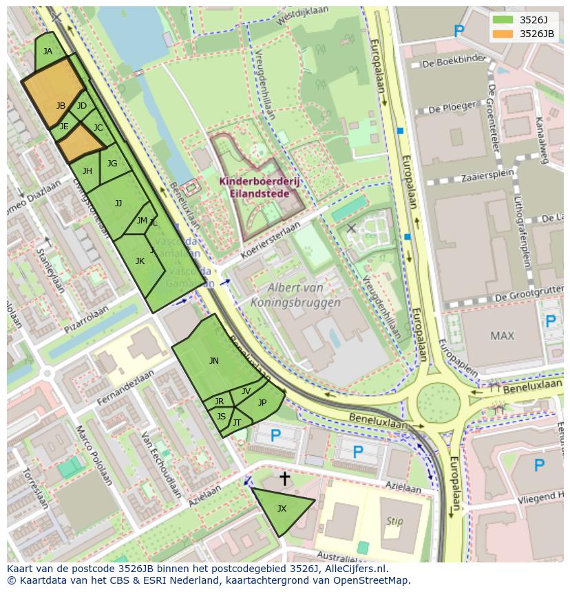 Afbeelding van het postcodegebied 3526 JB op de kaart.