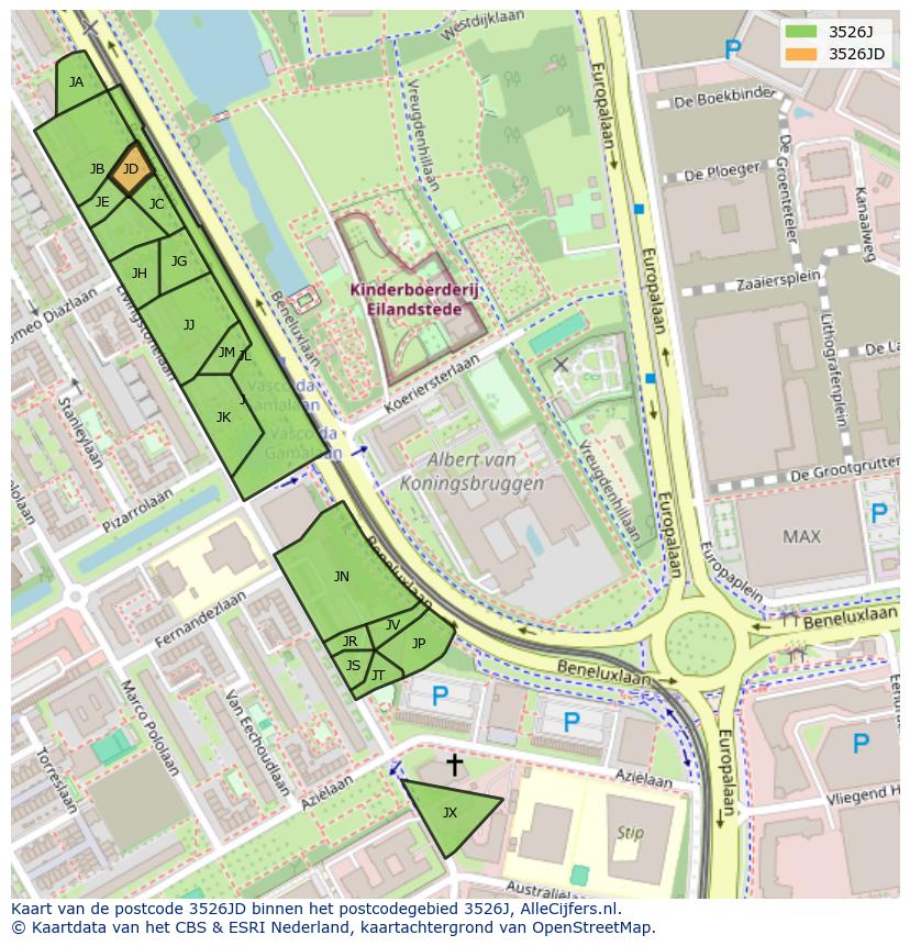 Afbeelding van het postcodegebied 3526 JD op de kaart.
