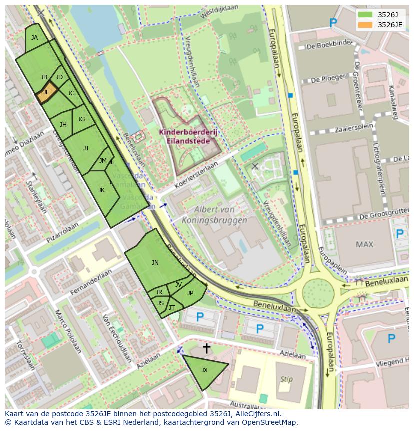 Afbeelding van het postcodegebied 3526 JE op de kaart.