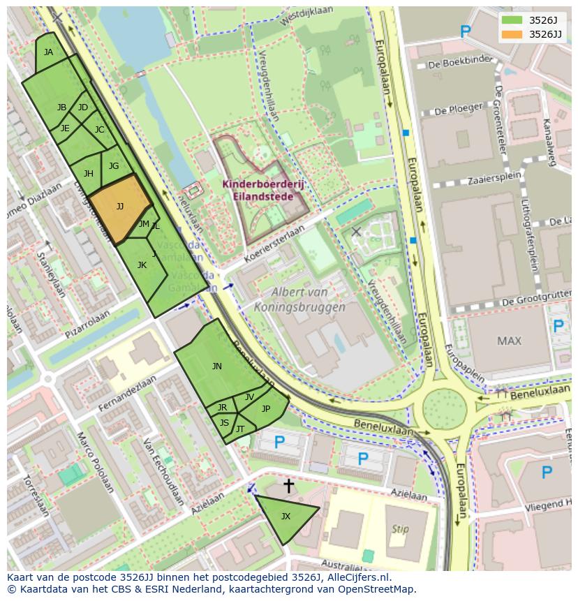 Afbeelding van het postcodegebied 3526 JJ op de kaart.