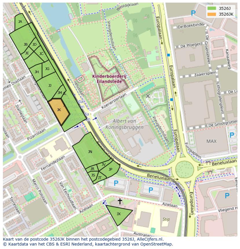 Afbeelding van het postcodegebied 3526 JK op de kaart.
