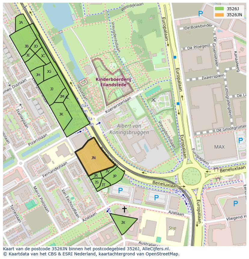 Afbeelding van het postcodegebied 3526 JN op de kaart.