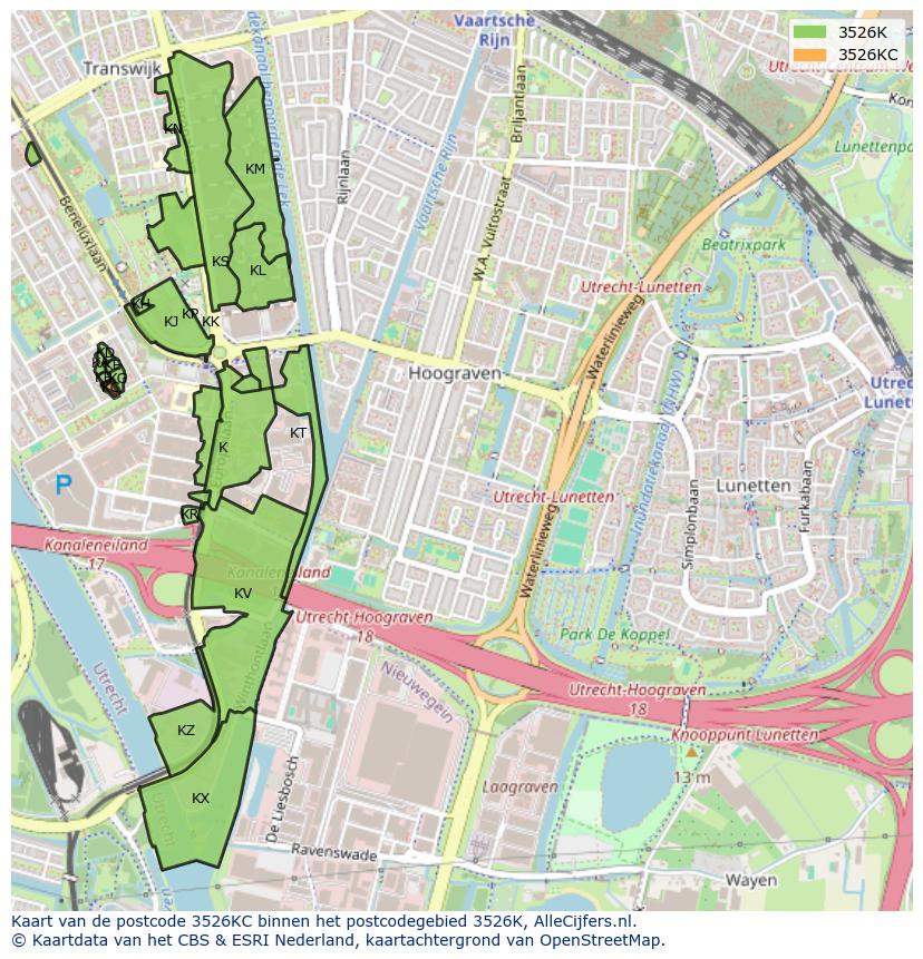 Afbeelding van het postcodegebied 3526 KC op de kaart.
