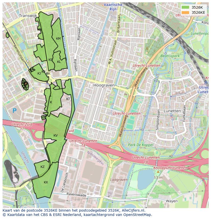 Afbeelding van het postcodegebied 3526 KE op de kaart.