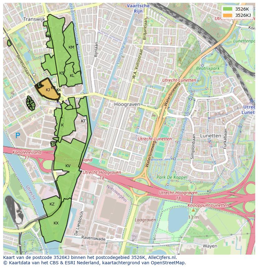 Afbeelding van het postcodegebied 3526 KJ op de kaart.
