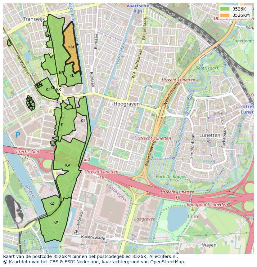Afbeelding van het postcodegebied 3526 KM op de kaart.