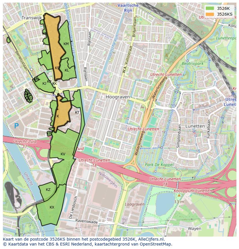 Afbeelding van het postcodegebied 3526 KS op de kaart.