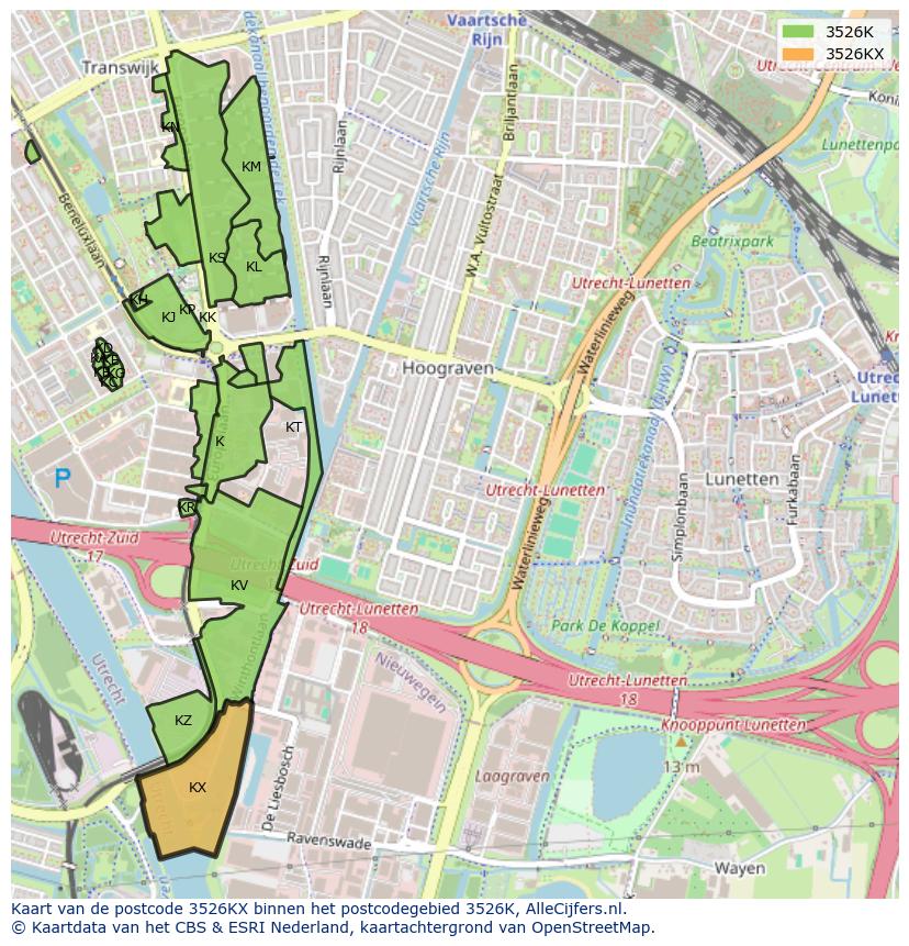 Afbeelding van het postcodegebied 3526 KX op de kaart.