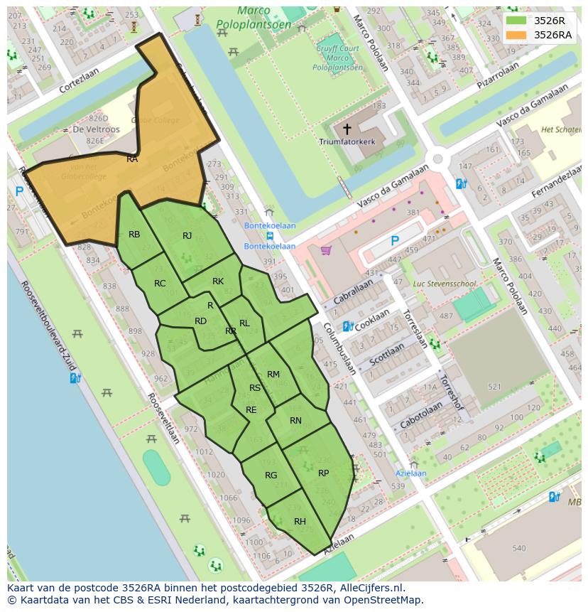 Afbeelding van het postcodegebied 3526 RA op de kaart.