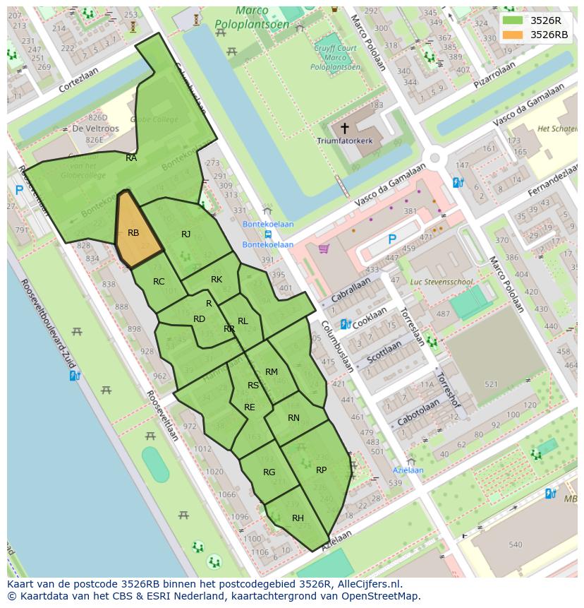 Afbeelding van het postcodegebied 3526 RB op de kaart.