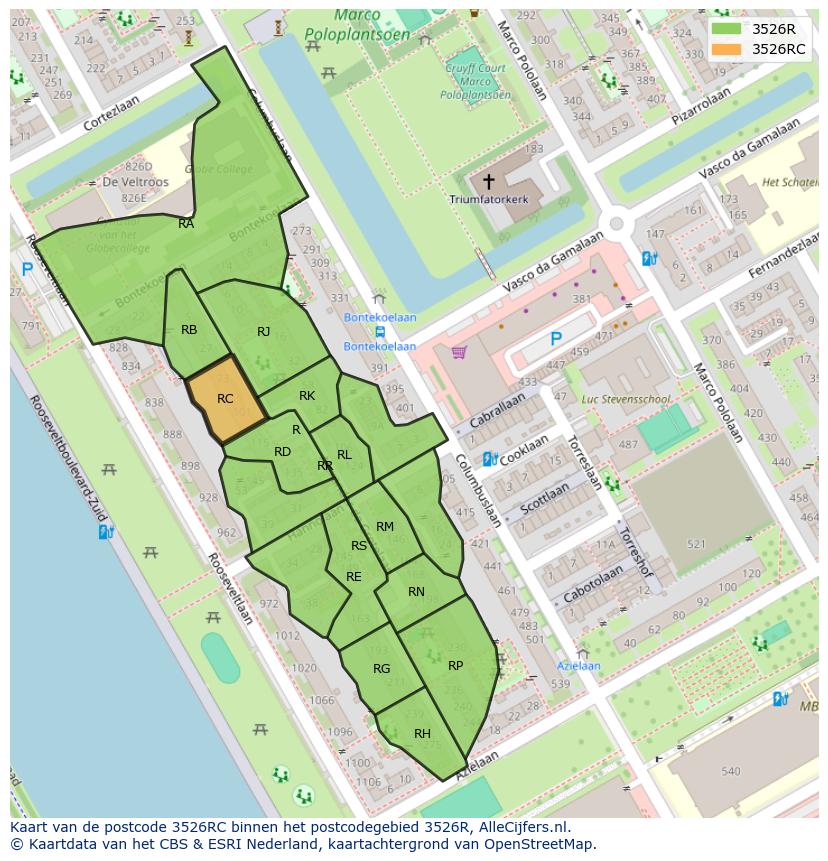 Afbeelding van het postcodegebied 3526 RC op de kaart.