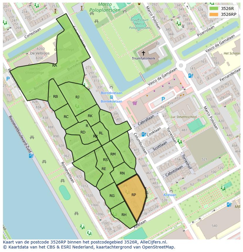Afbeelding van het postcodegebied 3526 RP op de kaart.