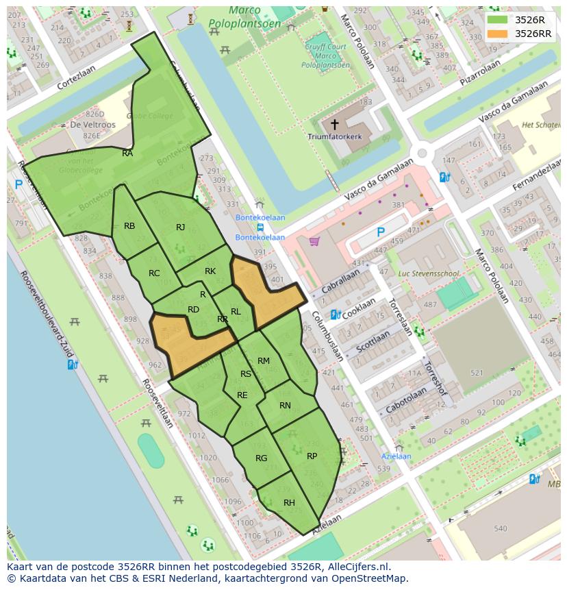 Afbeelding van het postcodegebied 3526 RR op de kaart.