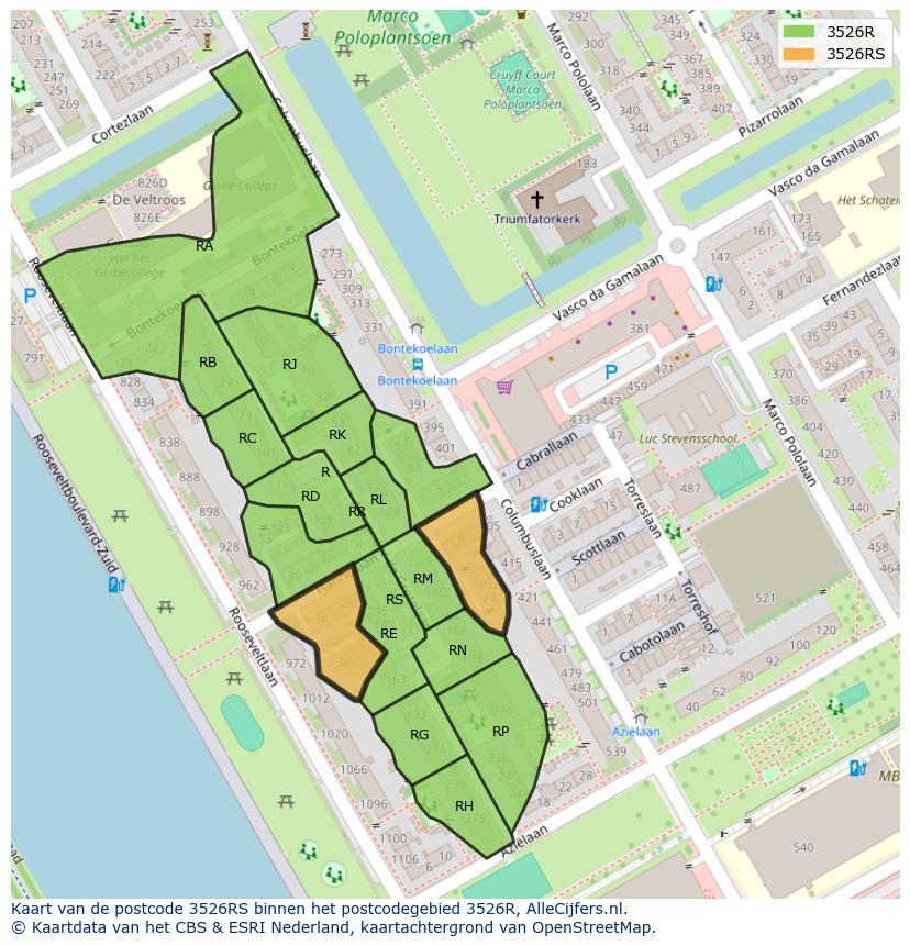 Afbeelding van het postcodegebied 3526 RS op de kaart.
