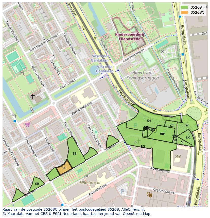 Afbeelding van het postcodegebied 3526 SC op de kaart.