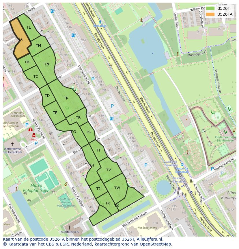 Afbeelding van het postcodegebied 3526 TA op de kaart.