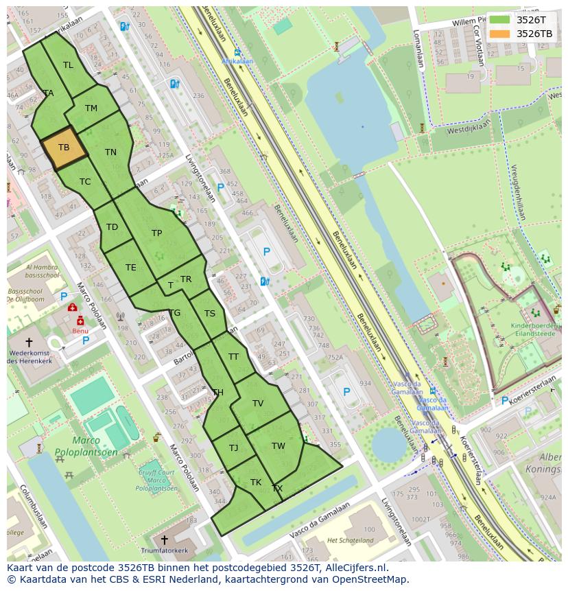 Afbeelding van het postcodegebied 3526 TB op de kaart.