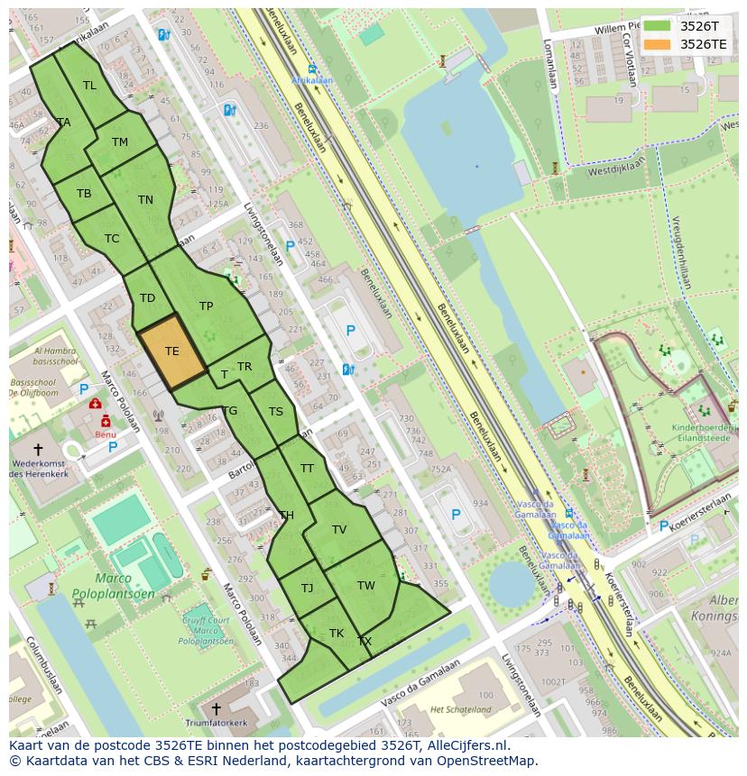 Afbeelding van het postcodegebied 3526 TE op de kaart.