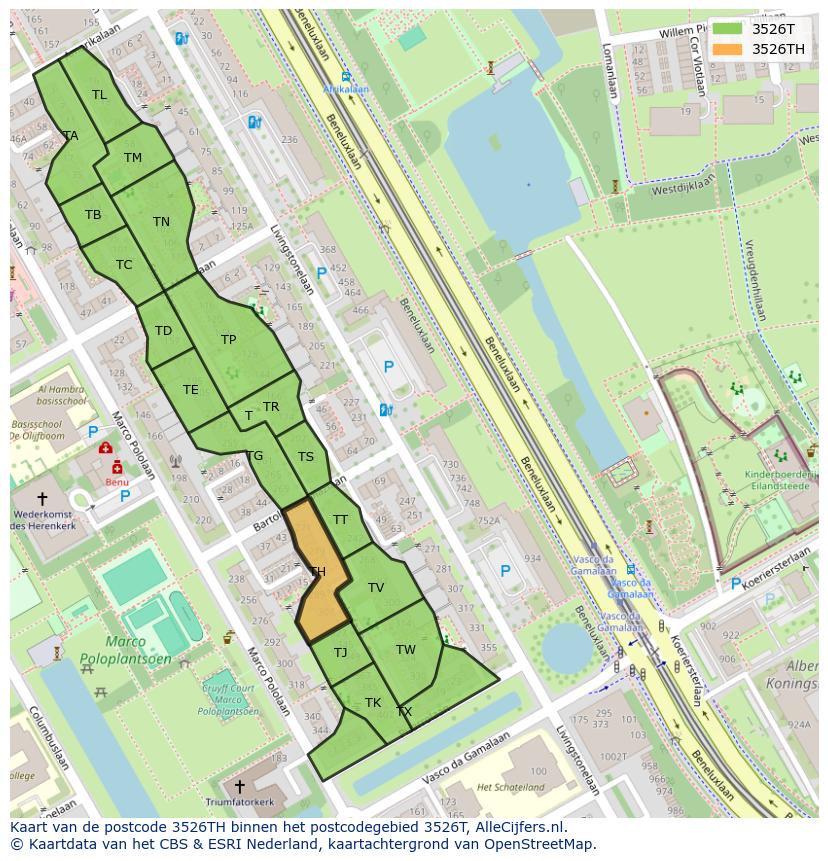 Afbeelding van het postcodegebied 3526 TH op de kaart.