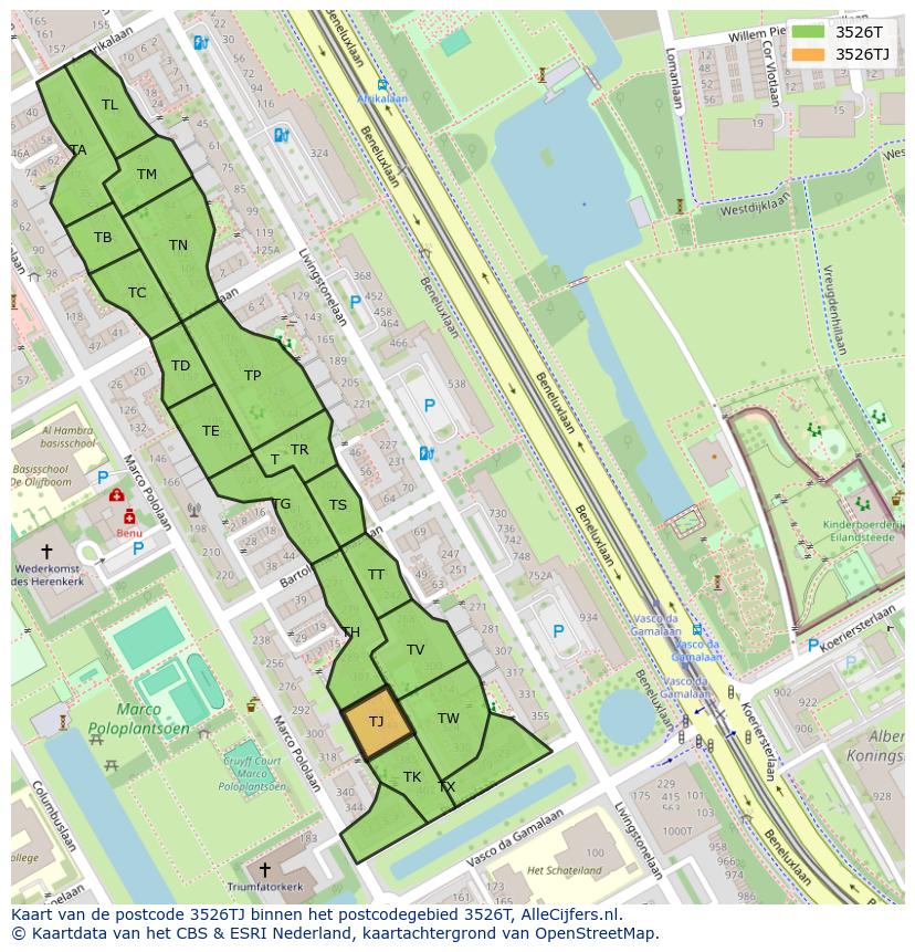Afbeelding van het postcodegebied 3526 TJ op de kaart.