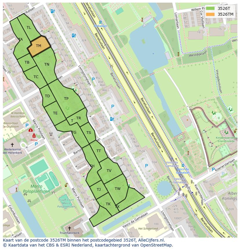 Afbeelding van het postcodegebied 3526 TM op de kaart.