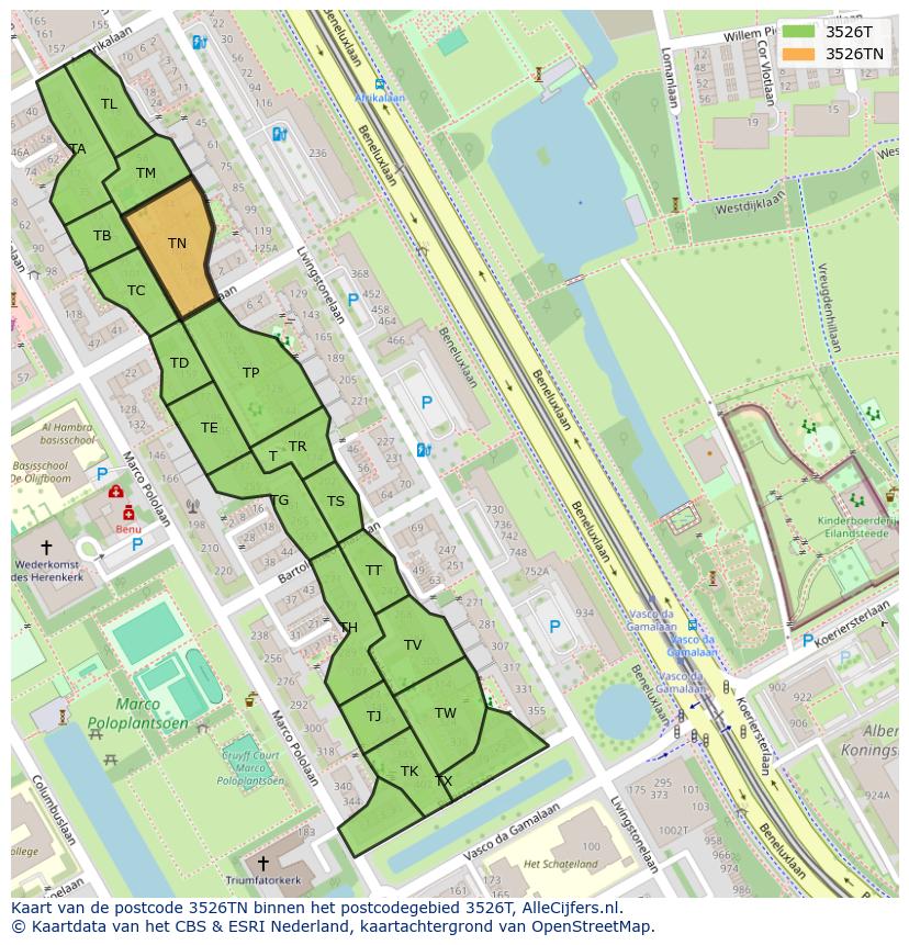 Afbeelding van het postcodegebied 3526 TN op de kaart.