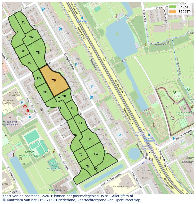 Afbeelding van het postcodegebied 3526 TP op de kaart.