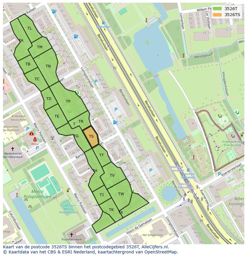 Afbeelding van het postcodegebied 3526 TS op de kaart.