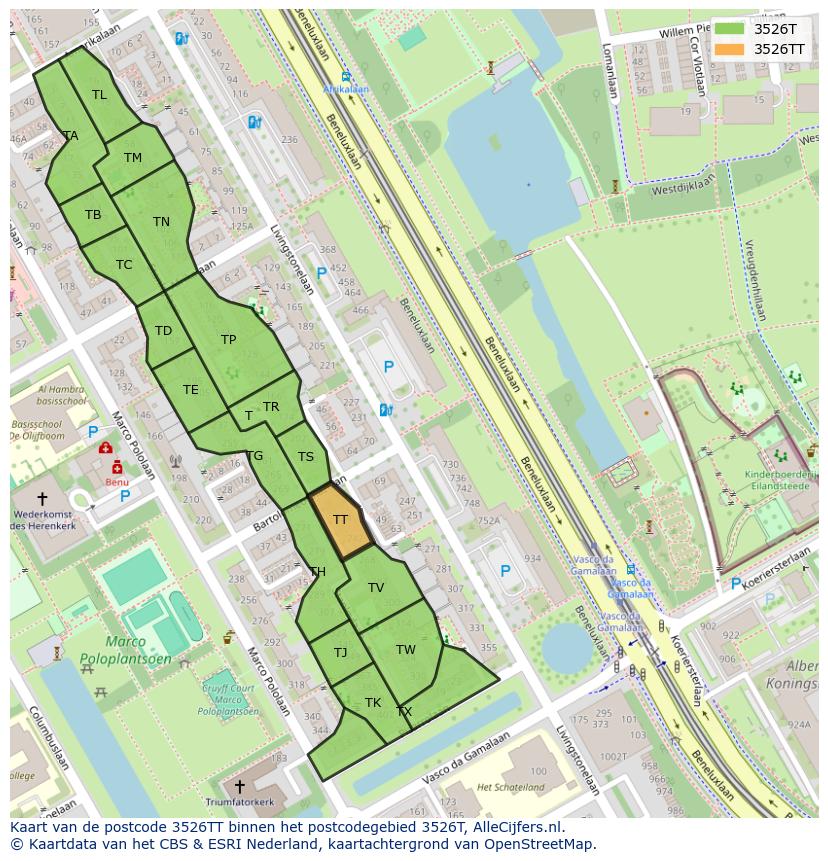 Afbeelding van het postcodegebied 3526 TT op de kaart.