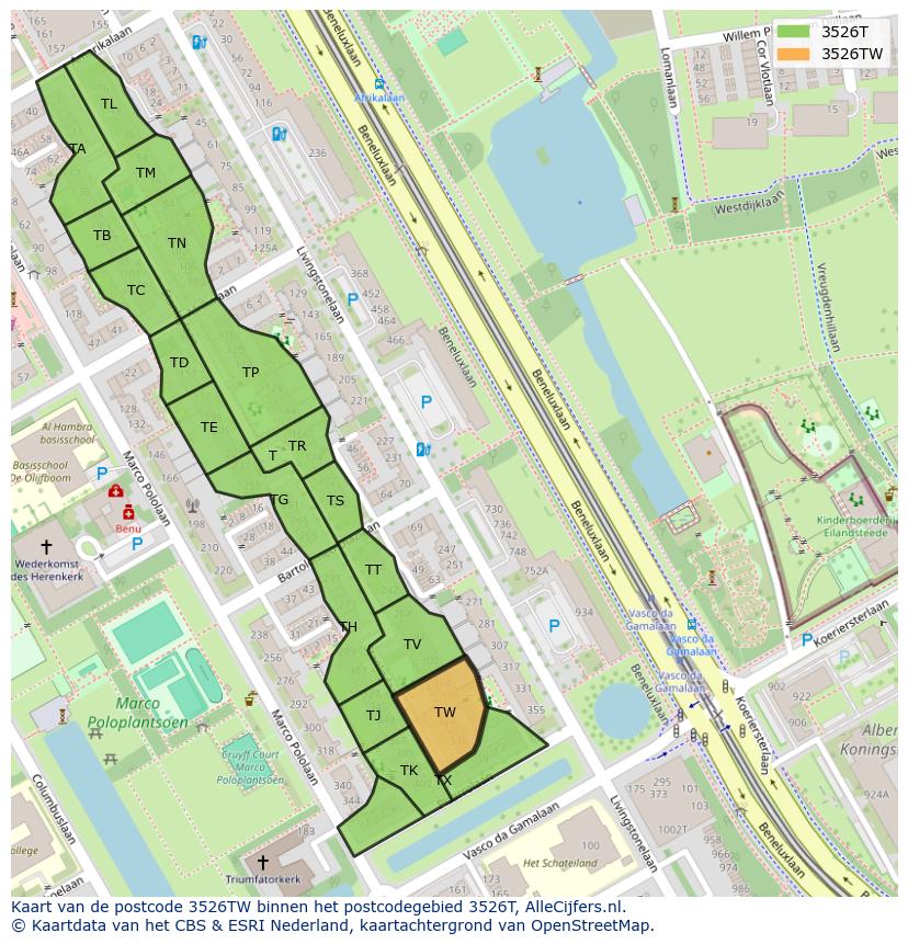 Afbeelding van het postcodegebied 3526 TW op de kaart.