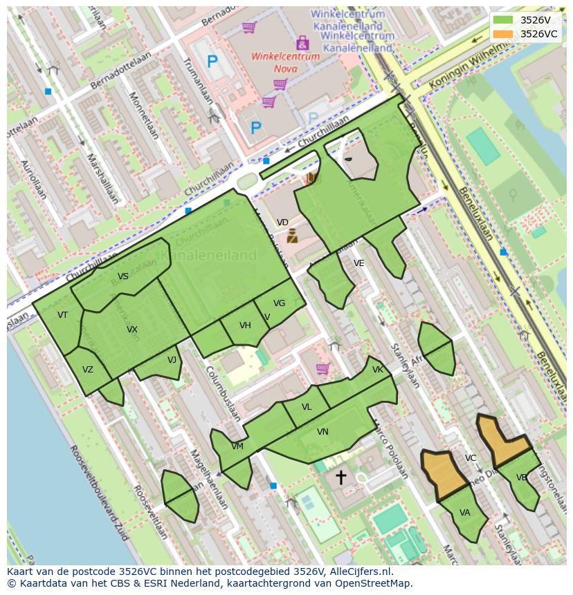Afbeelding van het postcodegebied 3526 VC op de kaart.