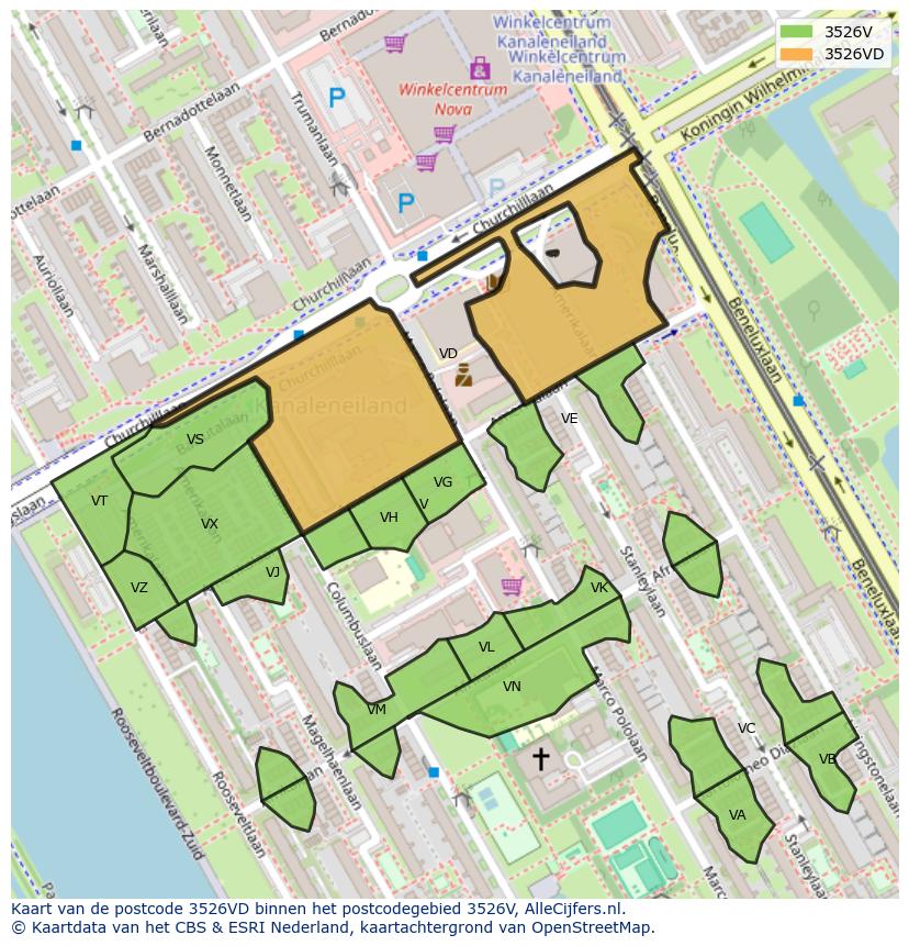 Afbeelding van het postcodegebied 3526 VD op de kaart.
